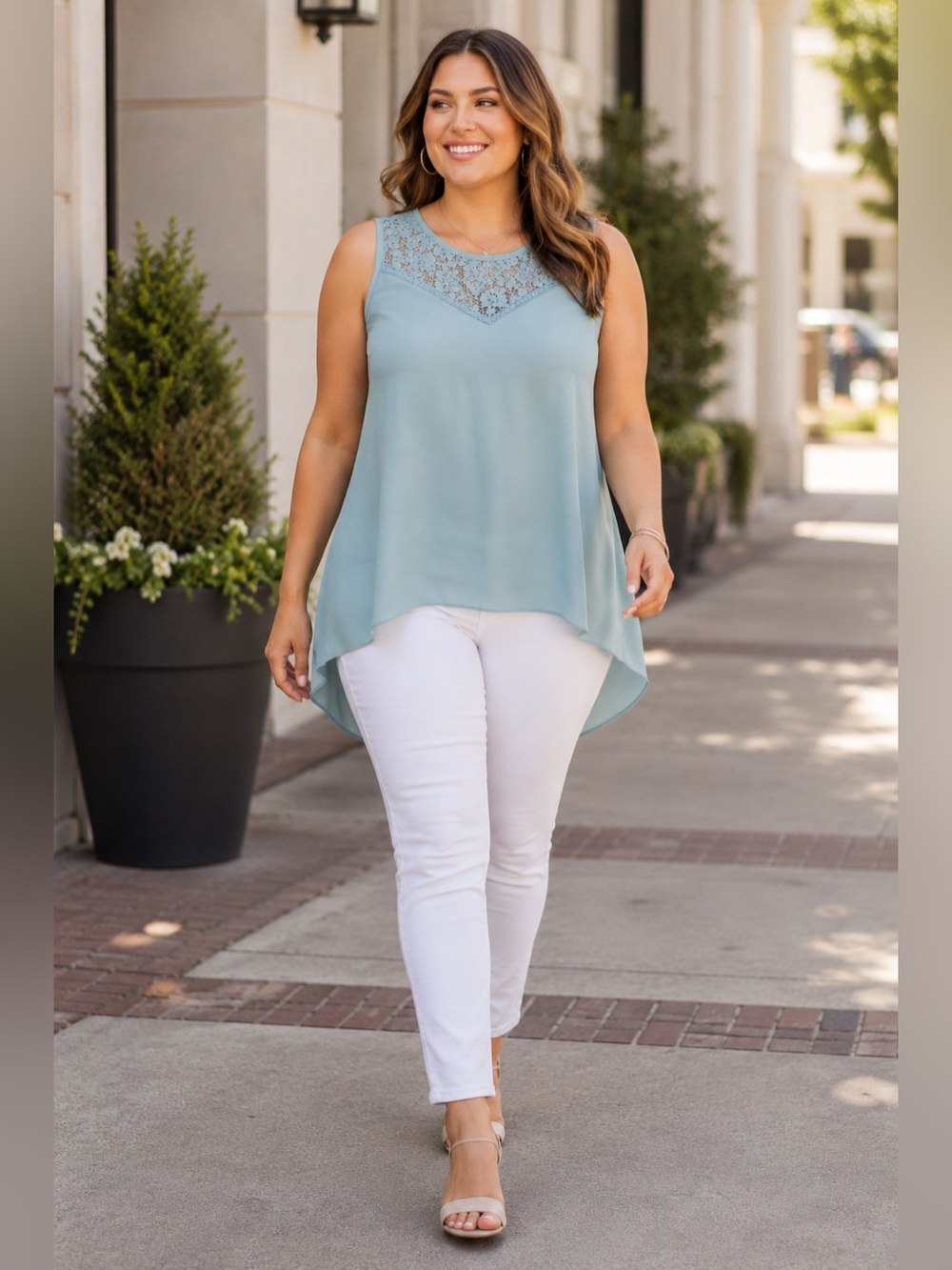 TORRID Lace Yoke Georgette Sleeveless Blouse High Low Hem Light Blue Sz 10 / M